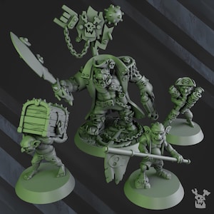 May include: A set of green-toned fantasy miniatures, featuring a pirate-themed orc with a sword, a goblin carrying a treasure chest, and other goblin figures with weapons. The miniatures are on circular bases.