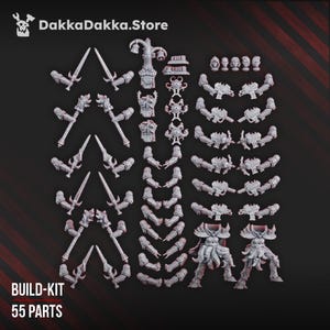 May include: A selection of 55 grey plastic miniature components for a build-kit, featuring swords, armour, and figures. The text "BUILD-KIT 55 PARTS" is at the bottom, and the website "DakkaDakka.Store" is at the top.
