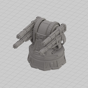 May include: A grey, 3D-printed miniature heavy weapon turret. The turret has multiple rotating barrels and is mounted on a base with skull details. The design is highly detailed, suitable for tabletop gaming.