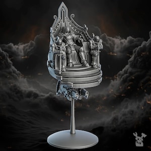 May include: A detailed, grey miniature of a throne with a seated figure and two flanking figures. The throne is elevated on a platform with a mechanical base and a round base. The background is a dark, cloudy sky.
