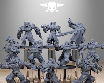 May include: A collection of gray miniature figurines, each depicting a detailed warrior in armor, displayed on clear stands. The figurines are posed in various action stances, with weapons and accessories. The text "STATIONFORGE" is at the top.