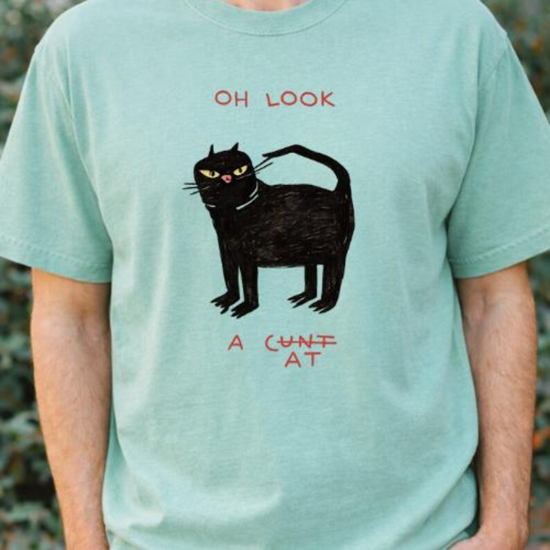 Pu&ograve; includere: Maglietta verde acqua con un'illustrazione di un gatto nero con occhi gialli e un collare bianco. Il testo "OH LOOK" &egrave; sopra il gatto, e "A CUNT AT" sotto, tutto in rosso.
