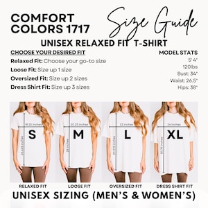 Pu&ograve; includere: Una guida alle taglie per una t-shirt unisex dalla vestibilit&agrave; rilassata, con misure e statistiche del modello. La guida mostra diverse taglie di maglietta (S, M, L, XL) con misure di petto e lunghezza in centimetri. La modella &egrave; alta 163 cm e pesa 54 kg.