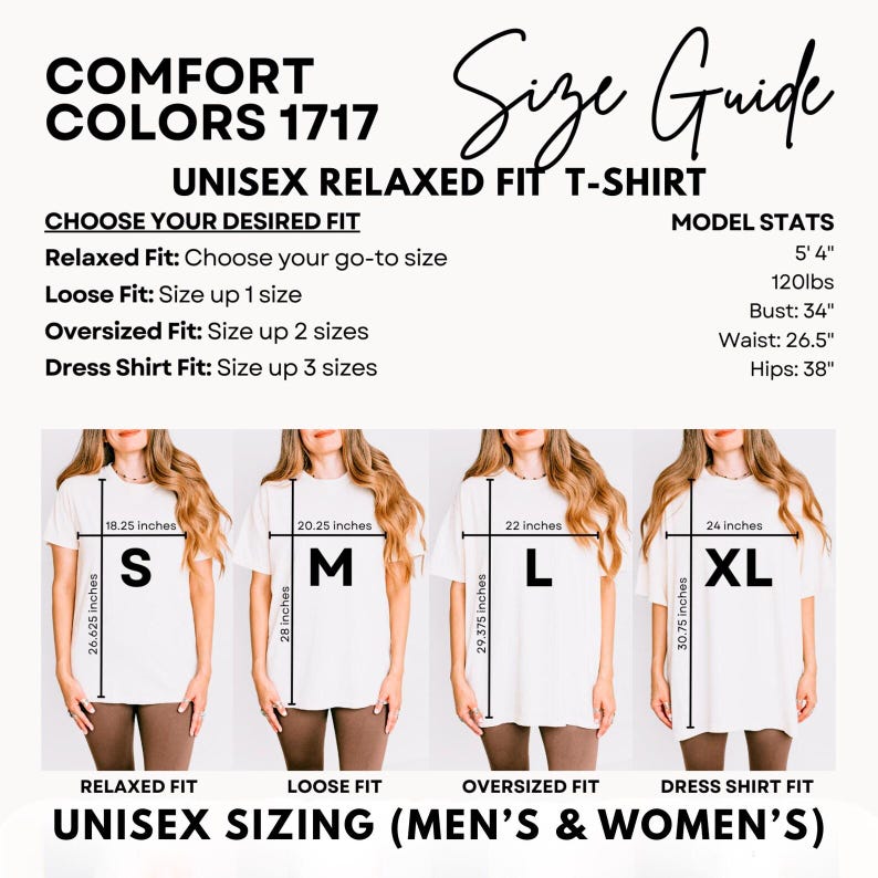 Pu&ograve; includere: Una guida alle taglie per una t-shirt unisex dalla vestibilit&agrave; rilassata, con misure e statistiche del modello. La guida mostra diverse taglie di maglietta (S, M, L, XL) con misure di petto e lunghezza in centimetri. La modella &egrave; alta 163 cm e pesa 54 kg.