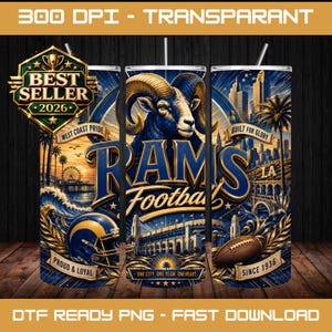 Puede incluir: Un diseño de envoltura para vaso digital con un esquema de colores azul y dorado, que muestra una cabeza de carnero, un casco de fútbol americano, un estadio y un balón. El texto incluye "WEST COAST PRIDE," "RAMS Football," "BUILT FOR GLORY," "LA," "PROUD & LOYAL," y "SINCE 1936."