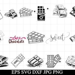 May include: Black and white illustrations of chocolate bars in various forms. Some are whole, some broken, and some partially unwrapped. The image also includes the text "Love Chocolate" and "Sweet".