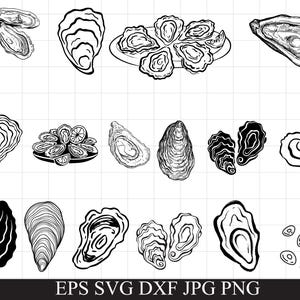 May include: Black and white line art illustrations of oysters in various forms. The image includes open and closed oyster shells, some with detailed textures, and a plate of oysters with lemon slices. The bottom of the image has the text: EPS SVG DXF JPG PNG.