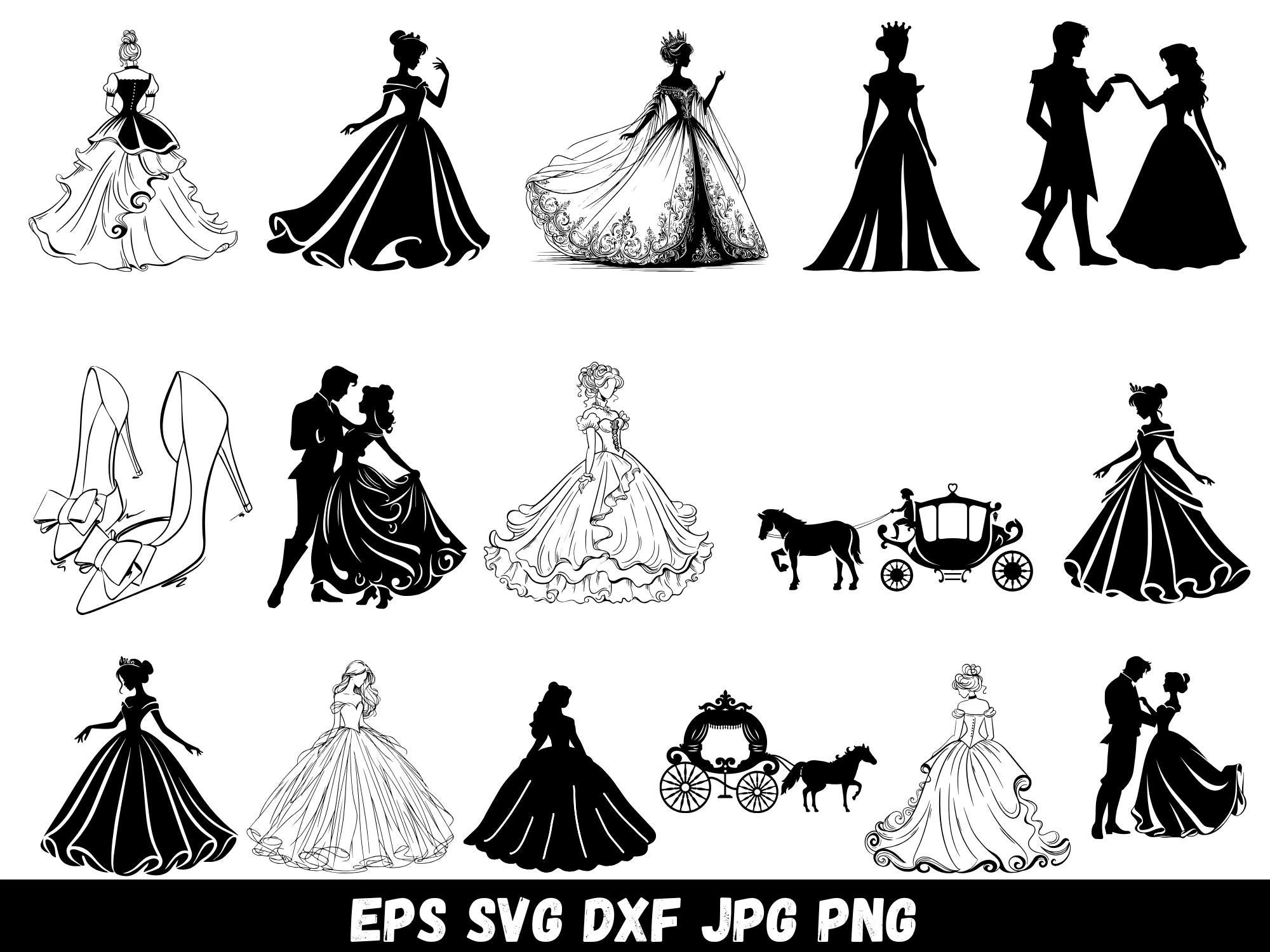 princess dress clipart black and white Princess with a Crown and a Dress, Fairy Tale Coloring Page for Kids, Minimalist Black Outline Drawing, White Background Stock Illustration