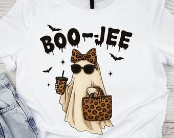 Boo Jee Leopard Print Ghost PNG, Halloween Coffee Ghost Shirt Design, Boujee Ghost PNG for Cricut, Cute Spooky Season Digital Download