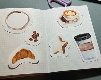 Coffee and Cozy Morning Sticker Set – 6 Handmade Aufkleber in Watercolor und matter Optik für Scrapbooking, Journal und Planner Deko