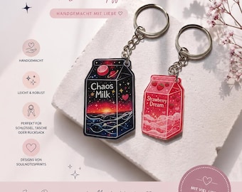 Schlüsselanhänger Milch Design | Handmade Anhänger Schrumpffolie | Chaos Milk & Strawberry Dream | Geschenk Idee Tasche Schlüssel
