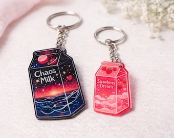 Milk Design Keychain | Handmade Shrink Film Pendant | Chaos Milk & Strawberry Dream | Gift Idea for Bags & Keys