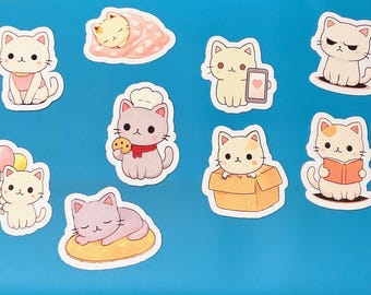 Kawaii Katzen Sticker Set – 9 süße Katzensticker, wasserfest & matt, handmade Planner Sticker