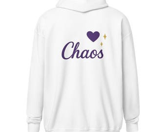 Chaos Herz Zip Hoodie Weste – Weiße Kapuzenjacke Unisex mit Reißverschluss – Hoodie Jacke Damen & Herren | Kostenloser Versand