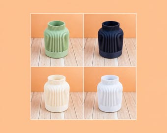 3D printed ribbed vase for dried flowers, modern decorative vase in sage green, midnight blue, bone white and ceramic white