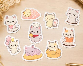 Kawaii Katzen Sticker Set – 9 süße Katzensticker, wasserfest & matt, handmade Planner Sticker
