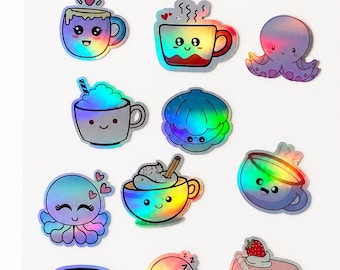 Kawaii holographic sticker set – 12 cute waterproof holographic stickers, handmade, for laptop, journal & planner