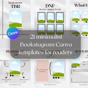 May include: A set of 21 minimalist Bookstagram Canva templates for readers. The templates include designs for book reviews, ratings, and TBR lists. The Canva logo is visible in the corner.