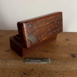 Vintage small wooden storage box with inlaid brass design of sun/moon and stars motif image 8