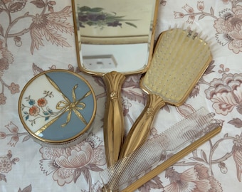 Vintage 4 piece vanity set, c 1950s, vgc, blue, gold and floral, retro styling