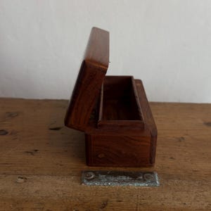 Vintage small wooden storage box with inlaid brass design of sun/moon and stars motif image 4