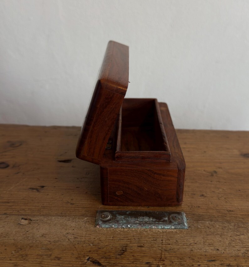 Vintage small wooden storage box with inlaid brass design of sun/moon and stars motif image 4