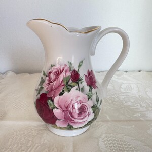 Vintage Holly Barn Fine Bone Chine Jug - floral design in white and pinks with gold gilding.  Retro kitsch English style 1970s/80s.