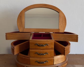 Vintage large Mele oak finish wooden swivel drawers jewellery box with mirror