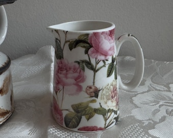 ヴィンテージ ヘロンクロス陶器製 小型ミルクジャグ - ピンクのバラのデザイン、状態良好 - 高さ8cm