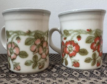 May include: Two ceramic mugs with floral designs. The mugs are white with a gray rim and handle. The floral pattern features pink and red flowers with green leaves and vines. The mugs are on a patterned surface.