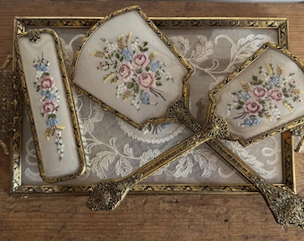 Vintage Petit Point four piece dressing table set, circa 1950s - florals/gold
