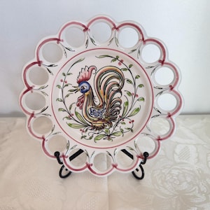 Vintage Portuguese Anfora Agueda Plate, Hand-Painted Cockerel, Scalloped Openwork Rim