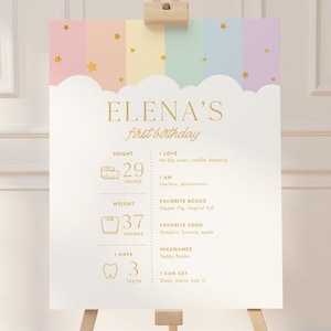 Może przedstawiać: Biały znak na drewnianym sztaludze z napisem "ELENA'S first birthday" w złotym skrypcie. Znak zawiera wzrost 73.66 cm i wagę 16.78 kg. Na górze znajduje się pastelowy tęczowy wzór ze złotymi gwiazdami.