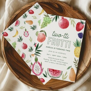 Two-tti Frutti Geburtstagseinladung, Obst zum 2. Geburtstag einladen Vorlage, Aquarell Sommerobstparty, bearbeitbarer digitaler Download 229