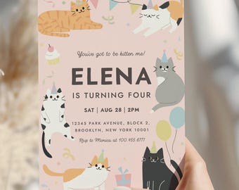 May include: A pink invitation card with cat illustrations and the text "ELENA IS TURNING FOUR". The card includes the date, time, and location of the event. The phrase "You've got to be kitten me!" is also included.