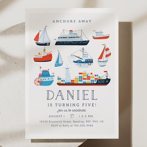 Ships Ahoy Birthday Invitation Template, Nautical Anchors Away Party Invite Template, Editable Ocean Theme Kids Birthday Printable 211