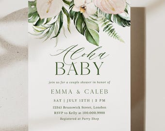 Może przedstawiać: Zaproszenie na baby shower z napisem "Aloha BABY" w zielonym skrypcie. Zaproszenie zawiera kwiatowy wzór z białymi i różowymi kwiatami oraz zielonymi liśćmi. Zaproszenie zawiera imiona Emma & Caleb, datę, godzinę i lokalizację.