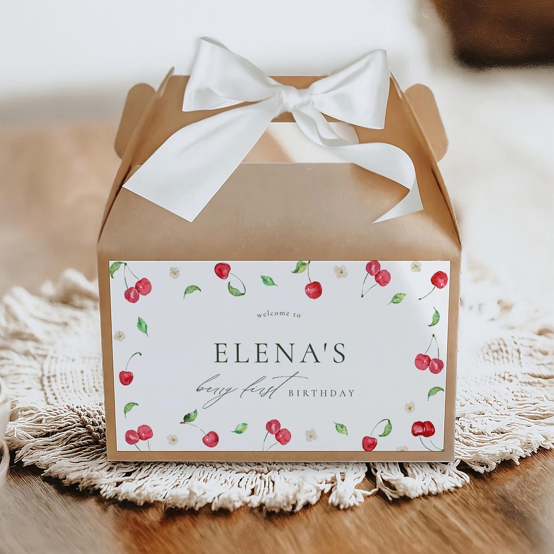 Editable Cherry Berry First Gable Box Label, Favor Box Label, Goodie ...