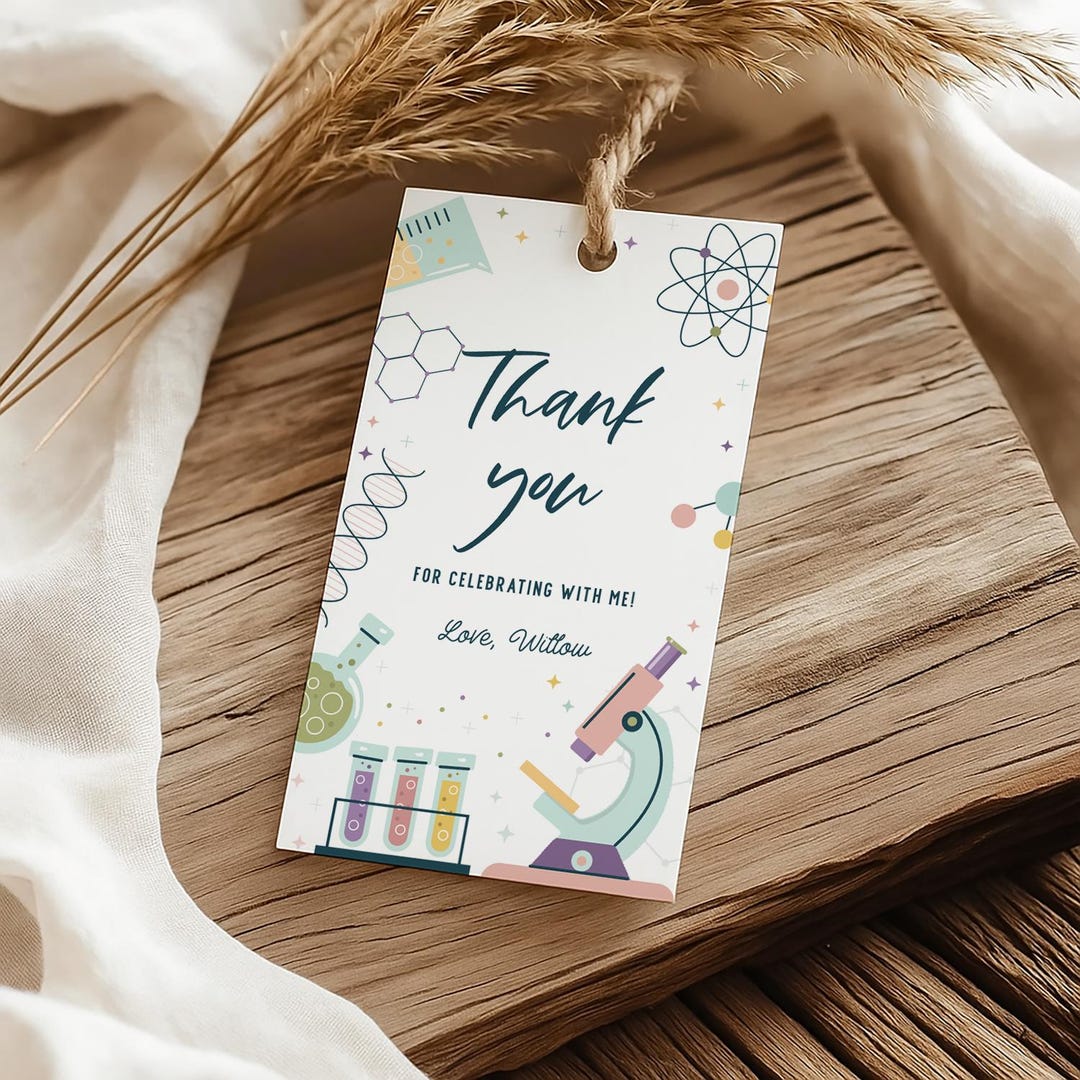 Science Tag Scientist, Science Birthday Thank You Tag Template, Editable Lab ...