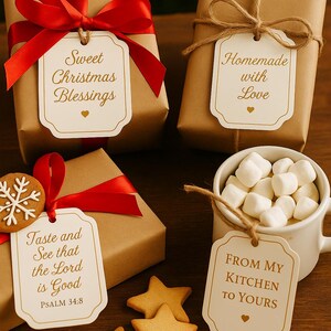 May include: Four wrapped gifts with tags saying "Sweet Christmas Blessings", "Homemade with Love", "Taste and See that the Lord is Good", and "From My Kitchen to Yours". Includes star biscuits and a mug of marshmallows.