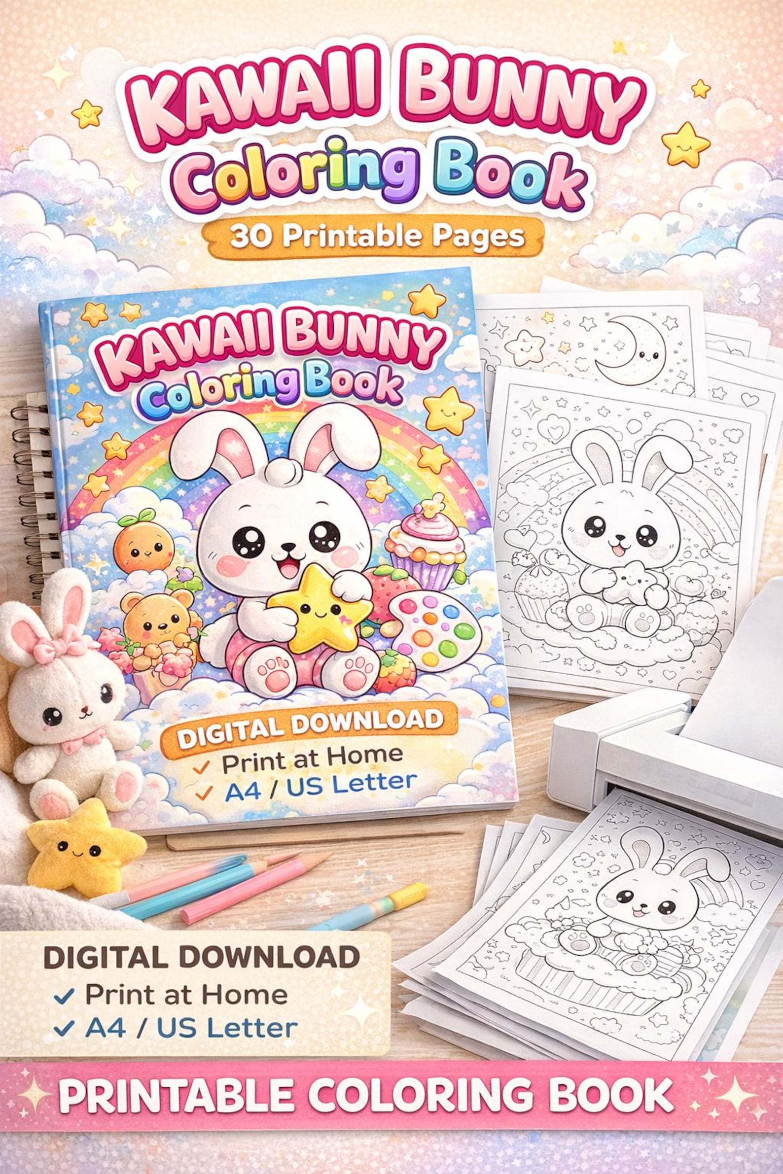 Kawaii Bunny Coloring Book, 30 Printable Pages for Kids (digital ...