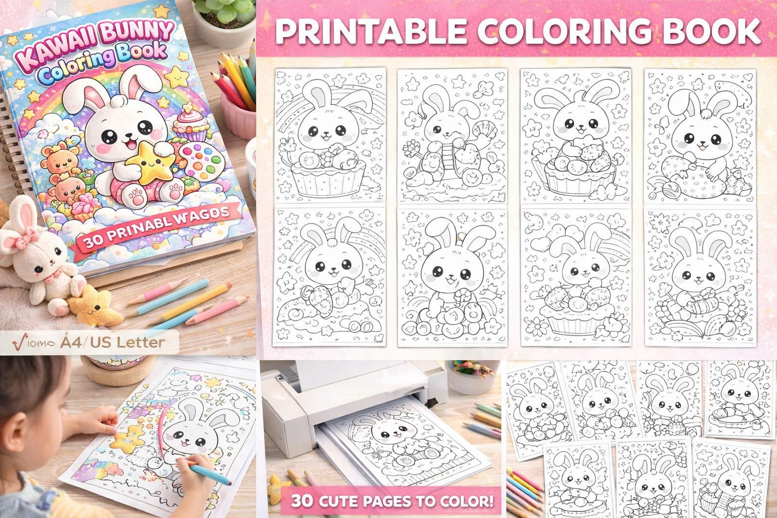 Kawaii Bunny Coloring Book, 30 Printable Pages for Kids (digital ...