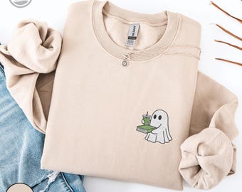 Embroidered Matcha Book Ghost Sweatshirt, Tea Lover, Barista Sweatshirt, Caffeine Lover, Coffee Gift, Trendy Foodie Shirt, Coffee Lover