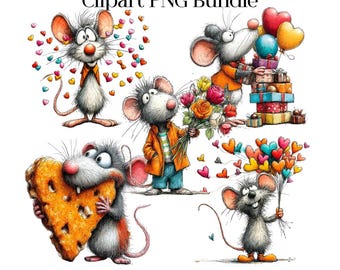 27 Quirky Valentine Mouse Watercolor Clipart | Cute Love Mouse PNG for Kids, Crafts & Prints