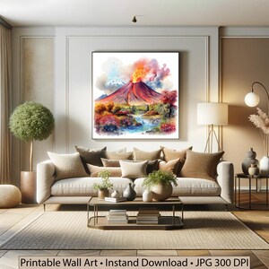 Volcano Landscape Wall Art Bundle Printable | Erupting Mountain Watercolor Poster Set