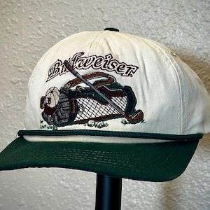 Vintage Budweiser Hat Cap Snap Back White Green Embroidered Golf Beer Mens 90s