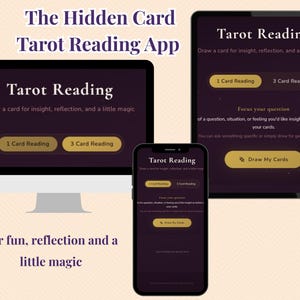 May include: A digital display of a tarot reading app on a computer monitor, tablet, and smartphone. The app interface features a dark purple background with gold text and buttons. The text reads "Tarot Reading" and "Draw My Cards."