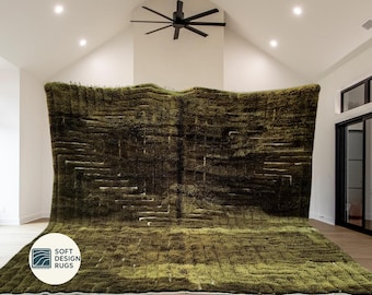 Handmade Moroccan Berber Wool Rug – Green Geometric Tribal Living Room Carpet