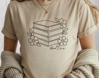 Camiseta de algodón para club de lectura, regalo para amantes de los libros, pila de libros con flores, camiseta para amantes de la lectura, diseño minimalista de libros