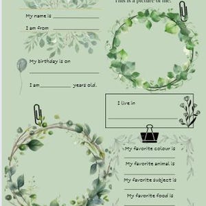 Op de afbeelding: Een lichtgroen "All About Me" printbaar werkblad met bloemen- en bladaccenten. Bevat prompts voor persoonlijke informatie, een foto en favorieten. Bevat tekst: "This is a picture of me!" en "This is a picture of my family."